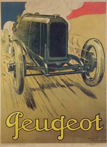 Plakat som reklamerer for en Peugeot racerbil, ca. 1918